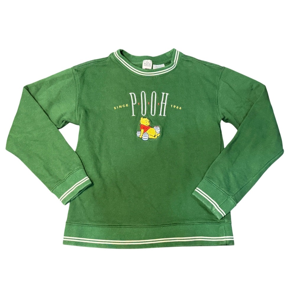 Disney Winnie the Pooh Crew Sweatshirt Green Embroidered‎ Pooh Bear Large Kids